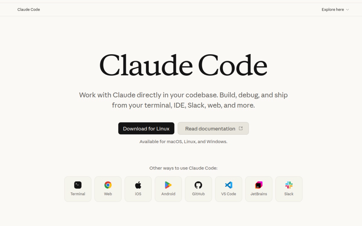 Страница Claude Code: доступные способы работы — терминал, веб, iOS, VS Code и другие