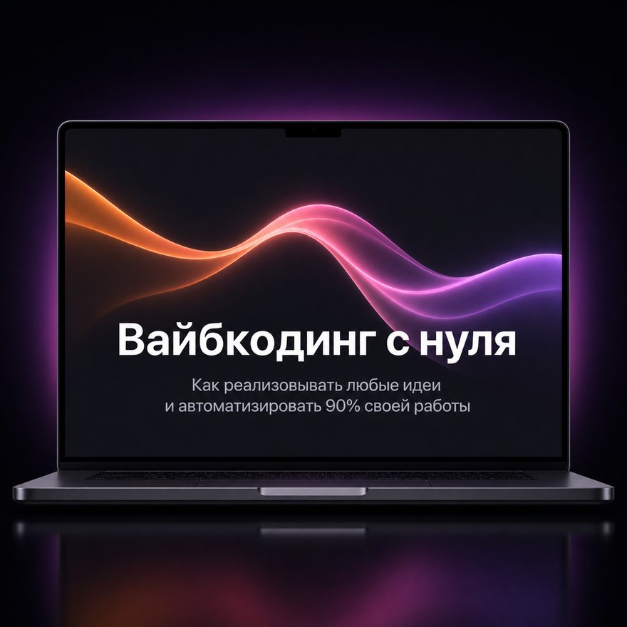 Обложка гайда «Вайбкодинг с нуля. Как реализовывать любые идеи и автоматизировать 90% своей работы» на экране ноутбука